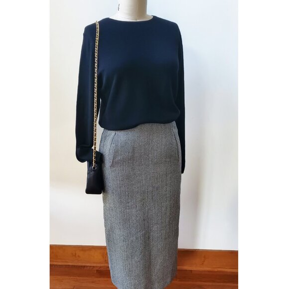 90's Oscar de la Renta Black and Cream Wool Chevron Midi Length Pencil Skirt 6 - Picture 1 of 5